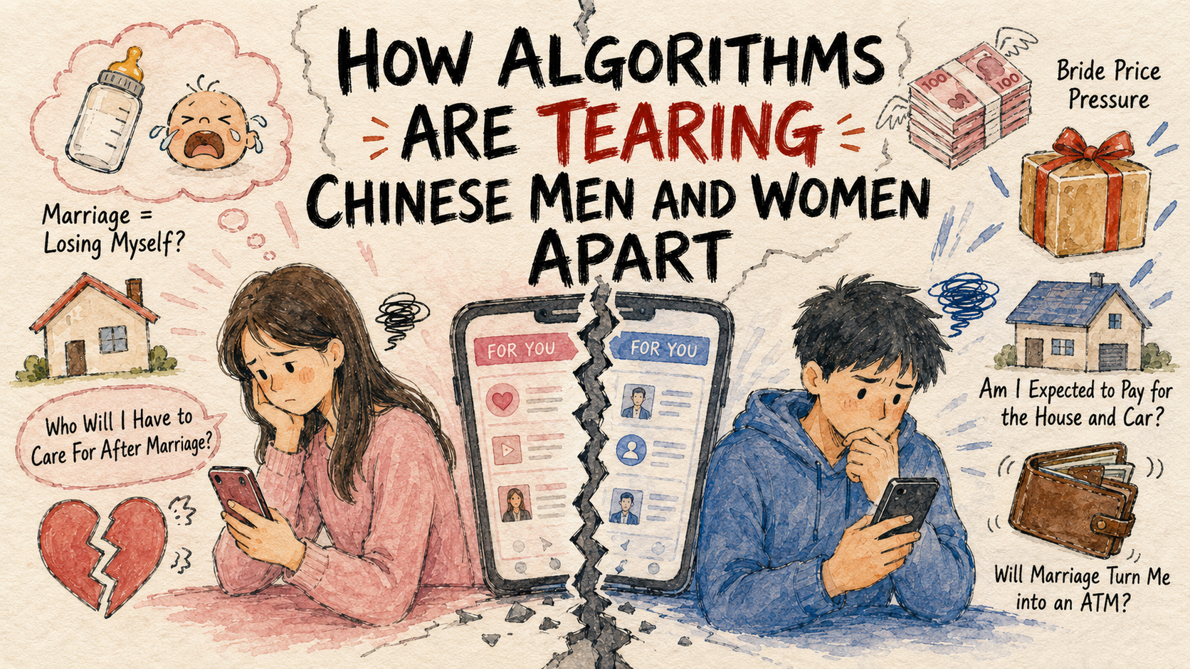 Watercolor illustration of recommendation algorithms amplifying marriage anxiety and dividing Chinese men and women