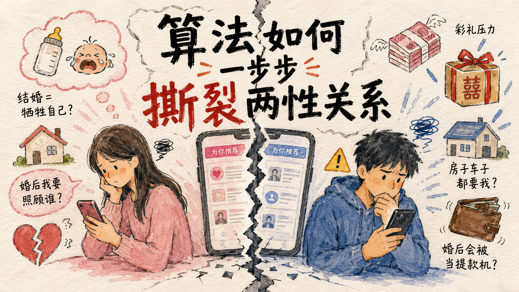 算法推荐如何放大婚恋焦虑、撕裂男女关系的水彩插画